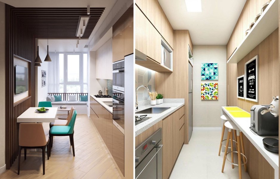 Узкая прямоугольная кухня