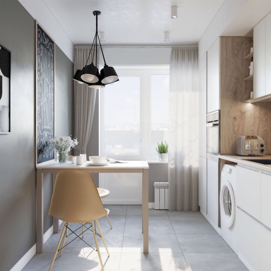 Интерьер узкой кухни