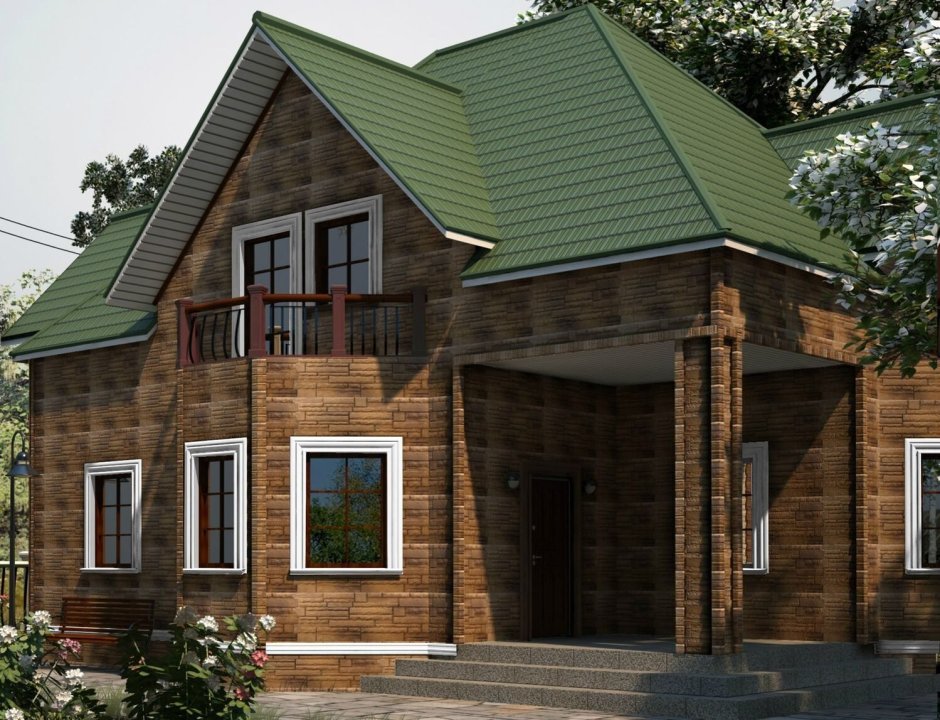 Отделка дома с зеленой крышей