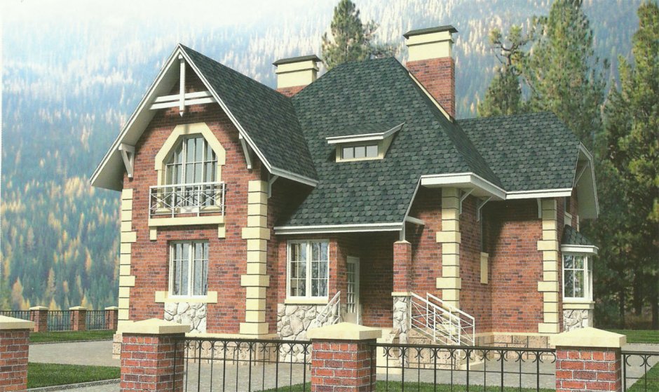 Дом из кирпича с зеленой крышей