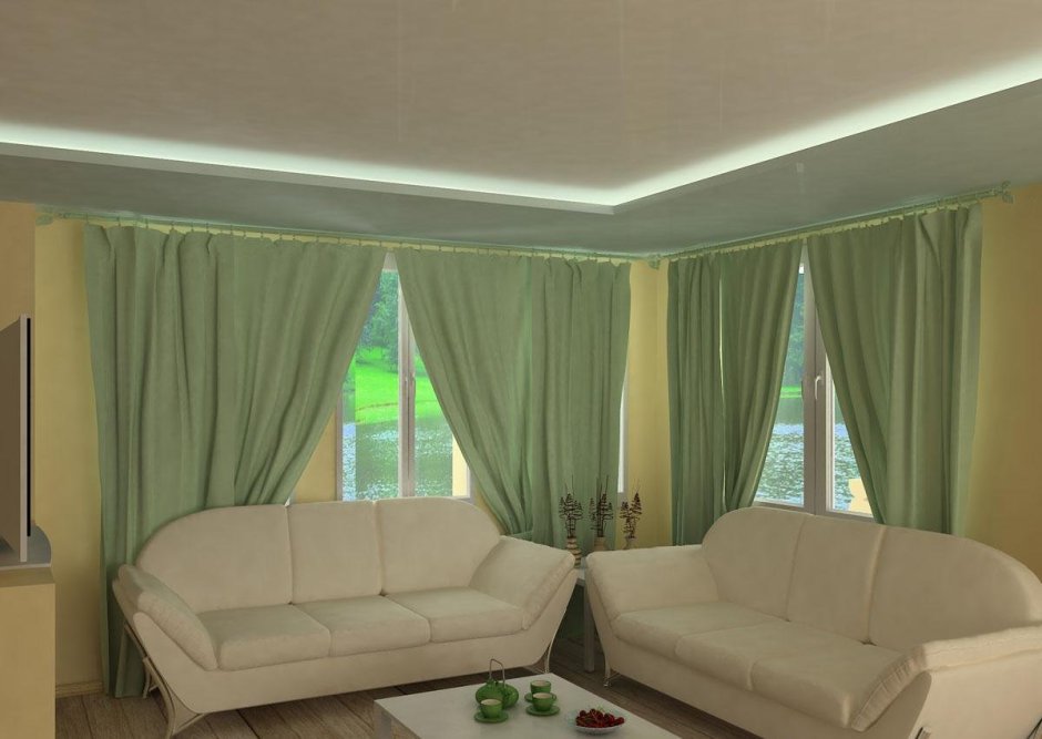 Гостиная с зелеными шторами