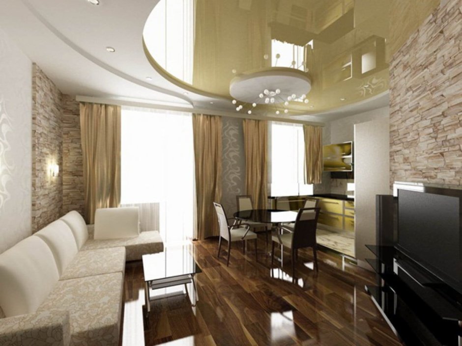 Многоуровневый потолок в кухне гостиной