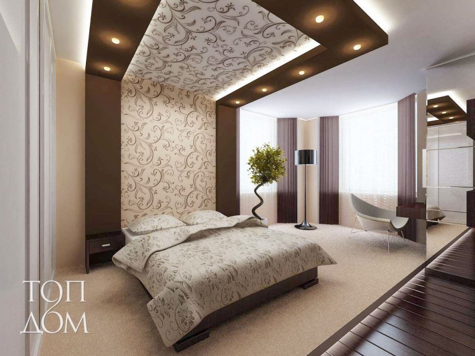 Потолки из гипсокартона бежевый спальня