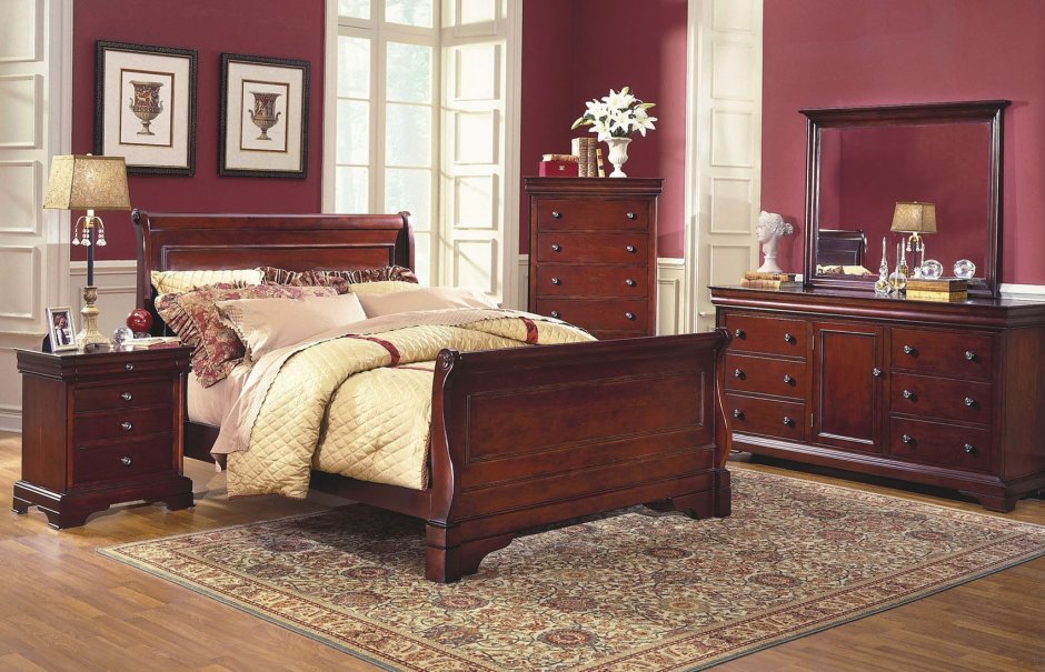 Дизайн спальни с мебелью темная вишня
