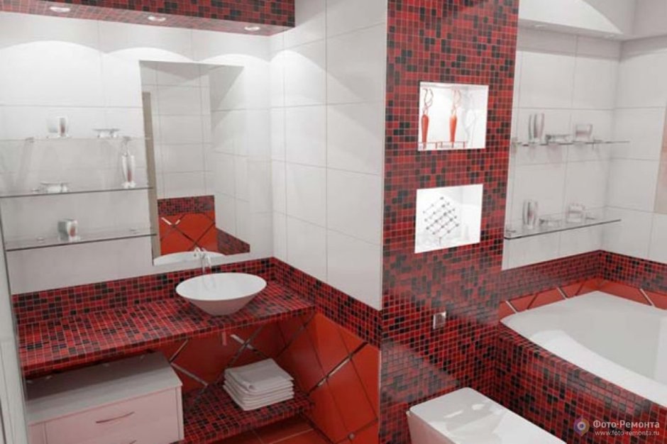 Ванная комната с бордовой плиткой мозаикой