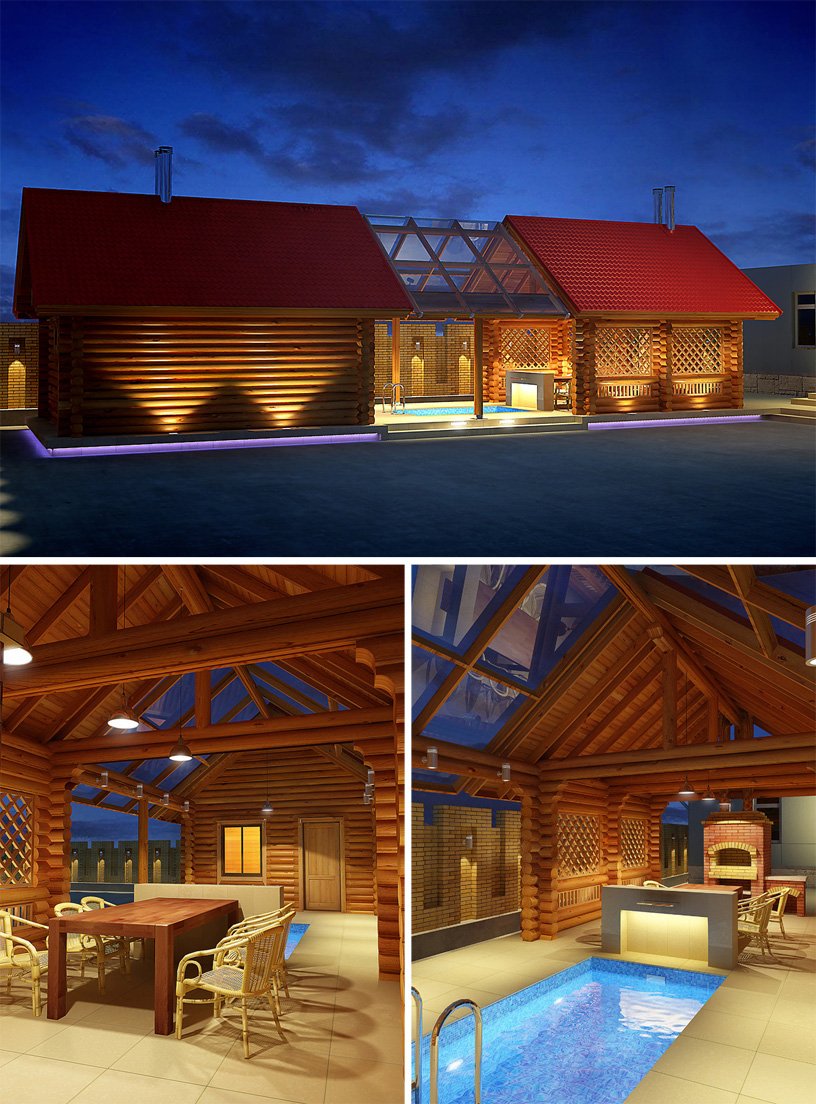 Баня с террасой и бассейном под одной крышей