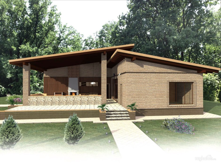 Проект современной бани с террасой и барбекю