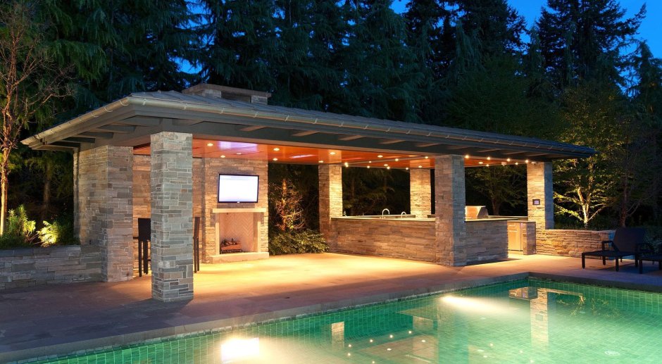 Беседки патио зона с мангалом и бассейном