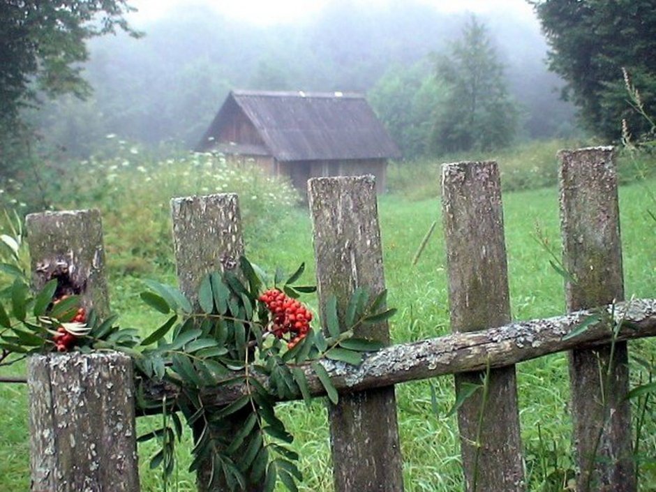 Лавочка у забора в деревне