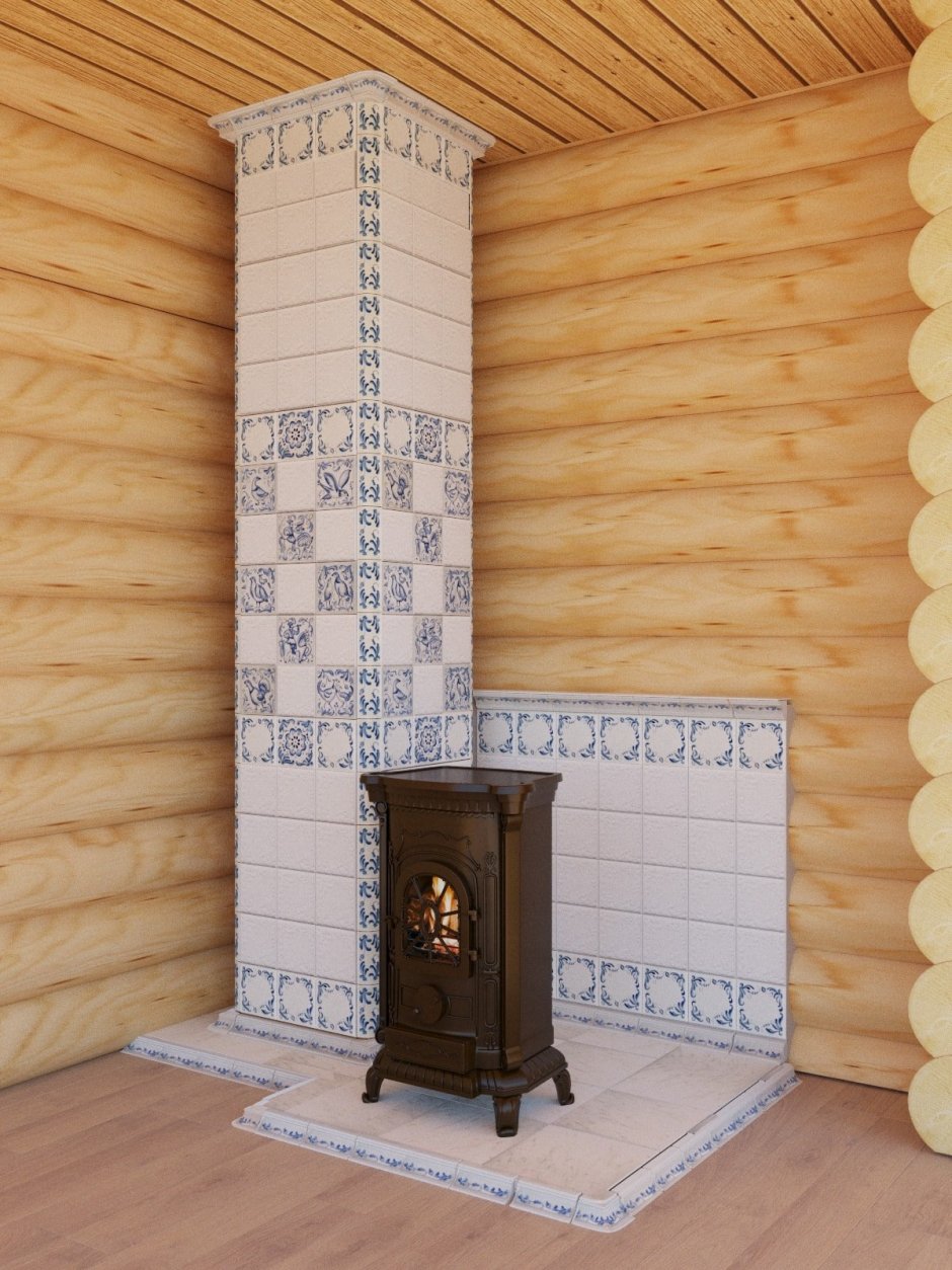 Изразцовый камин с трубой Шидель сбоку