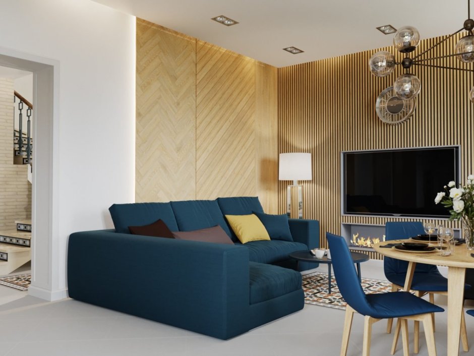 Стена с рейками в гостиной