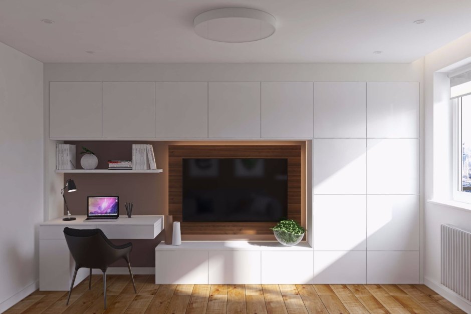 ТВ зона с рабочим местом в гостиной Минимализм