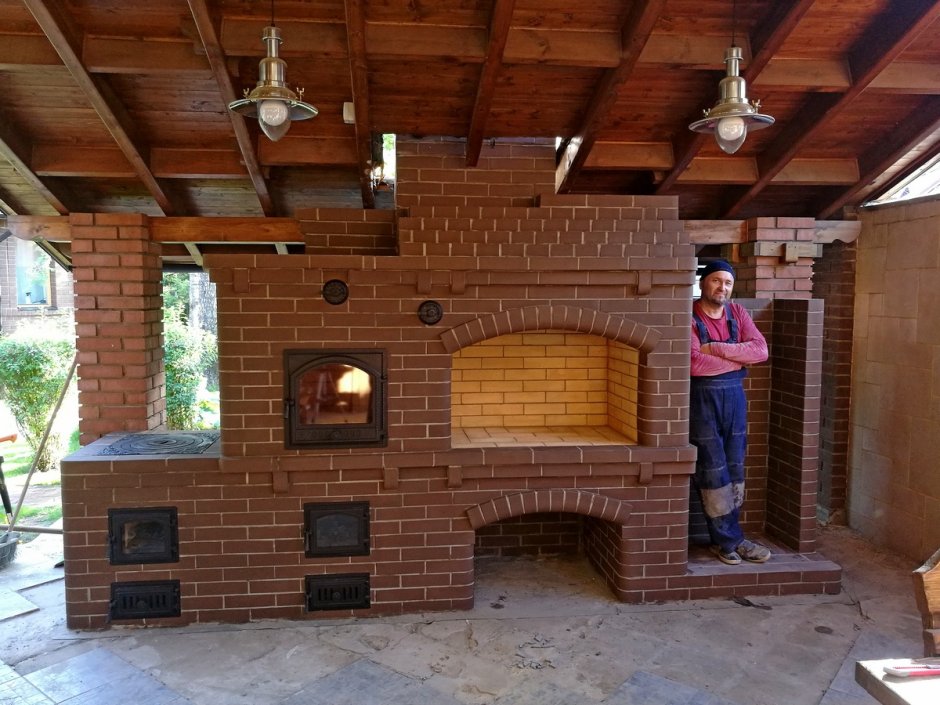 Печной комплекс с казаном мангалом коптильней