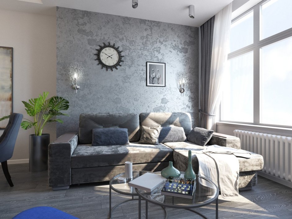 Гостиная в серых тонах декоративная штукатурка