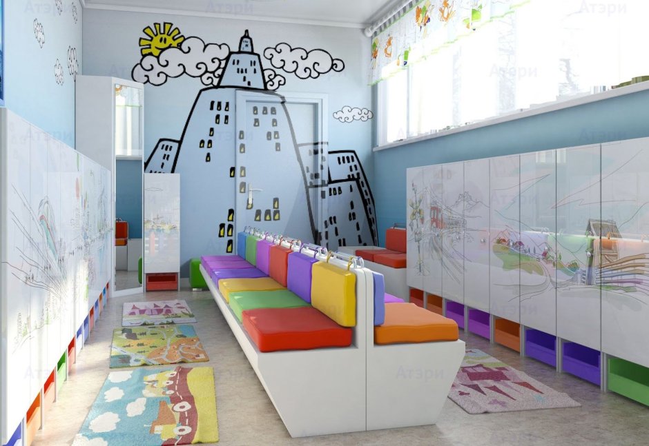 Интерьер раздевалки в детском саду
