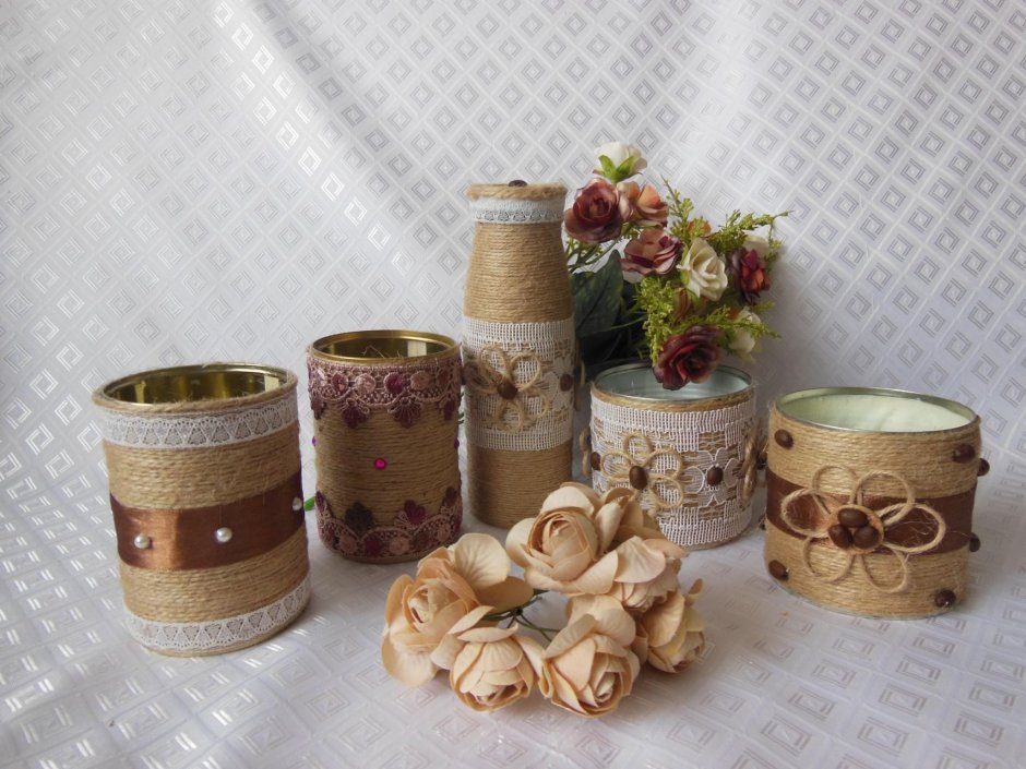 Декор банок джутом