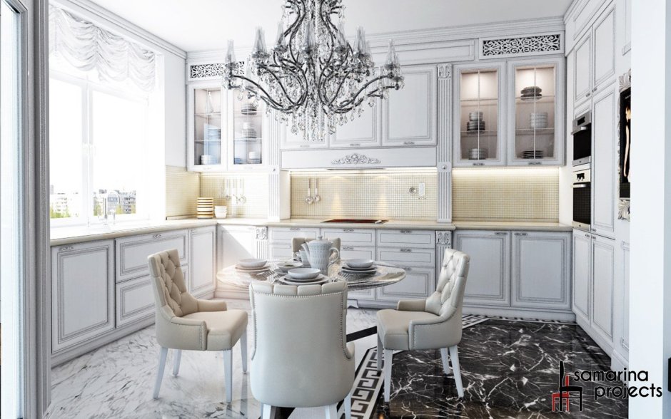 Белая кухня Неоклассика в частном доме