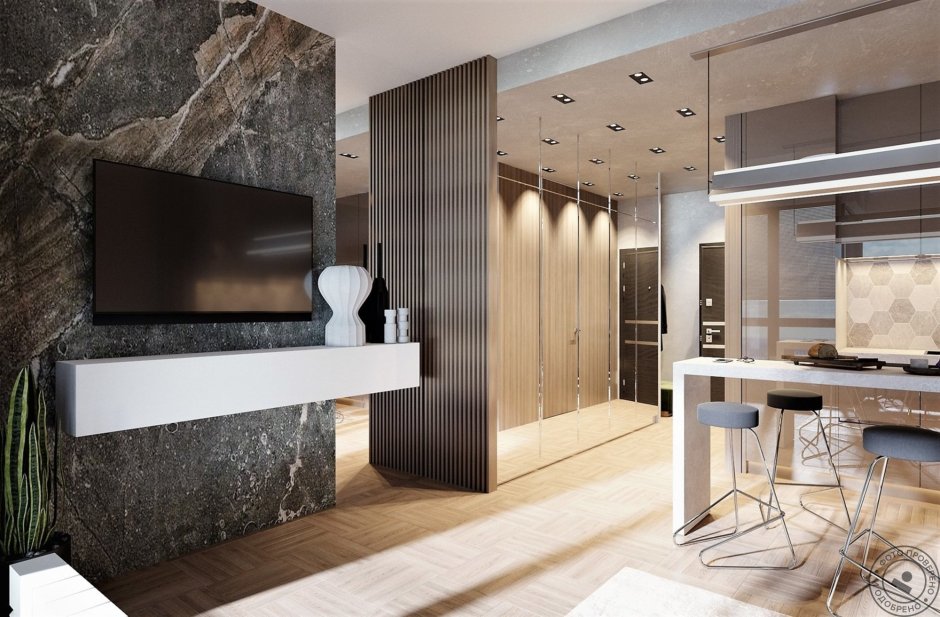 Сочетание мрамора и дерева в интерьере гостиной