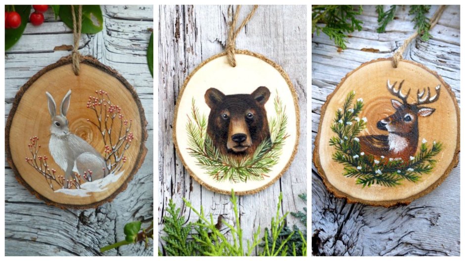 Роспись на спиле дерева Новогодняя