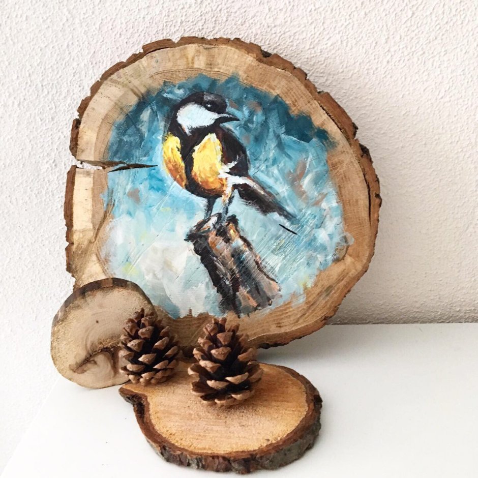 Лесные птицы маслом на спиле дерева