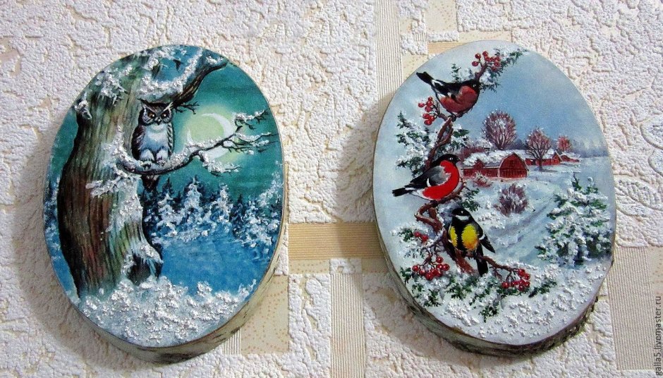 Роспись на срезе дерева