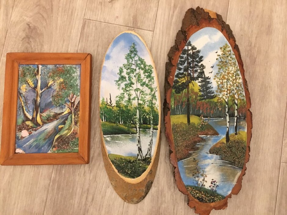 Картины на спилах деревьев в интерьере