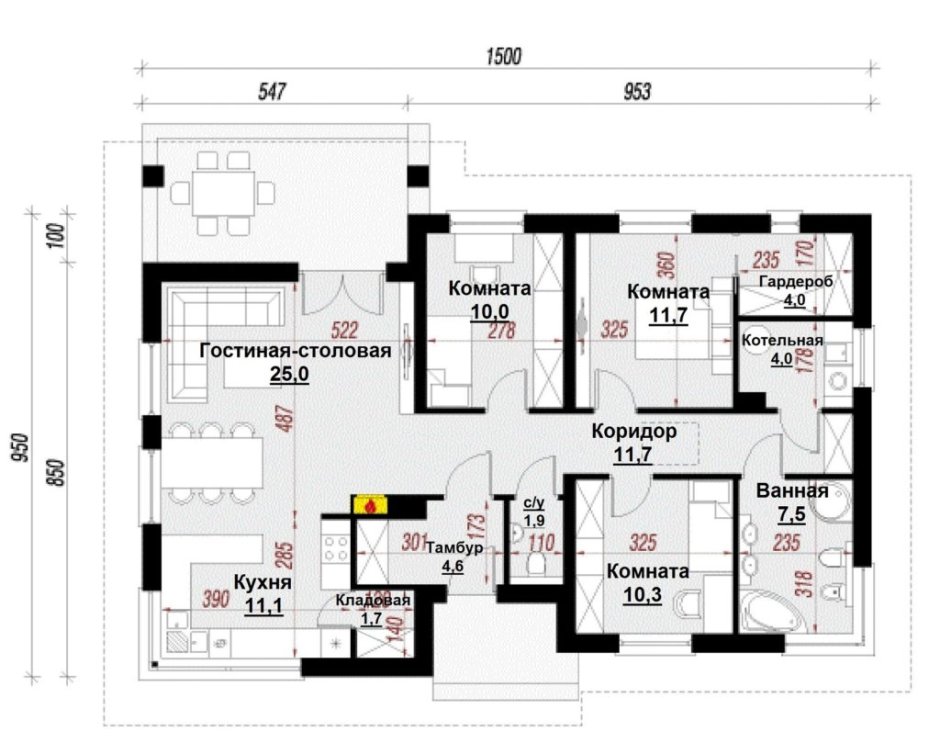 План дома с кладовой на кухне