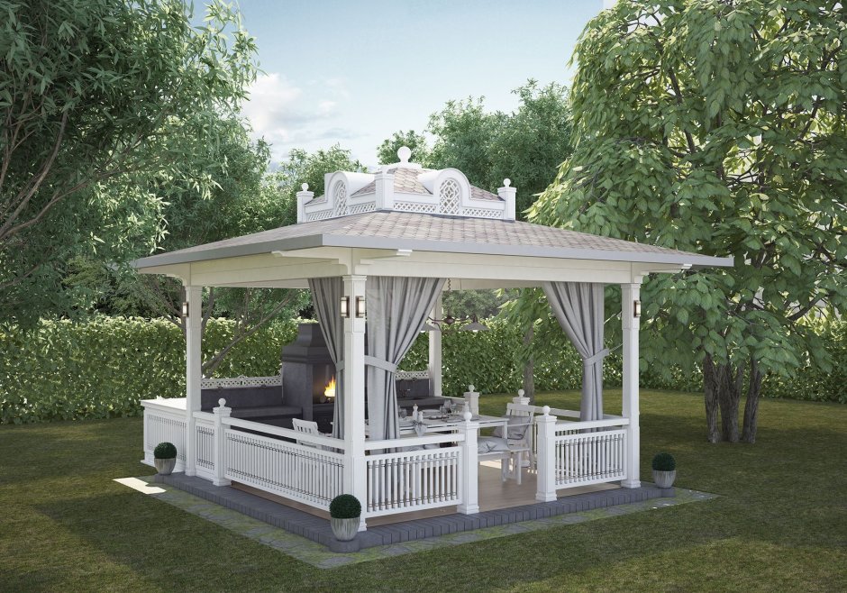 Белая беседка с мангалом