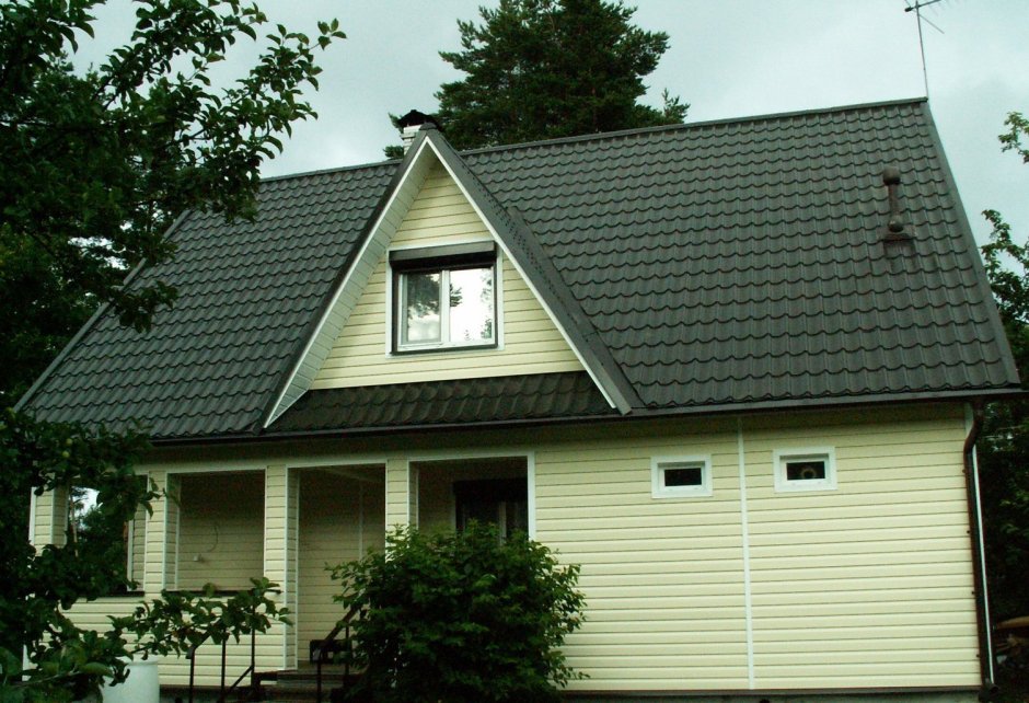 Темный сайдинг с зеленой крышей