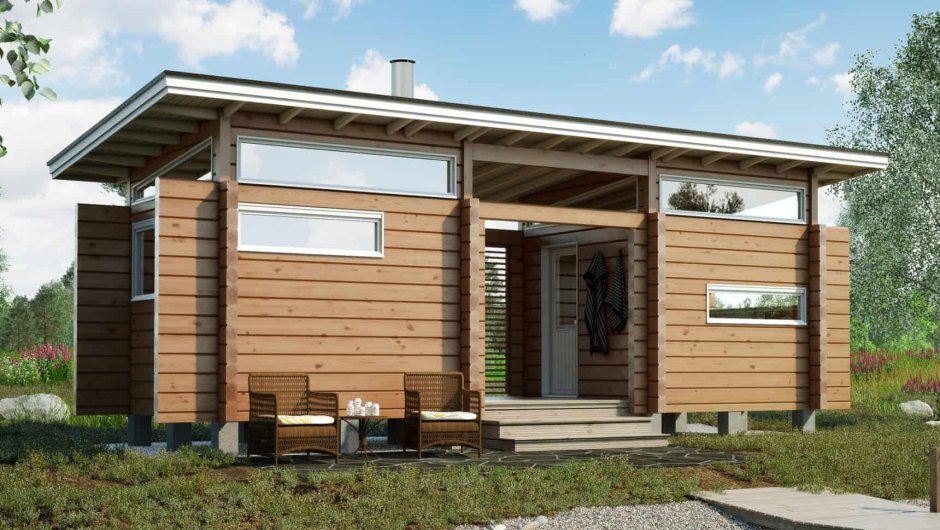 Проект бани с односкатной крышей и террасой