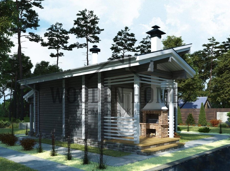 Проект бани с односкатной крышей и террасой