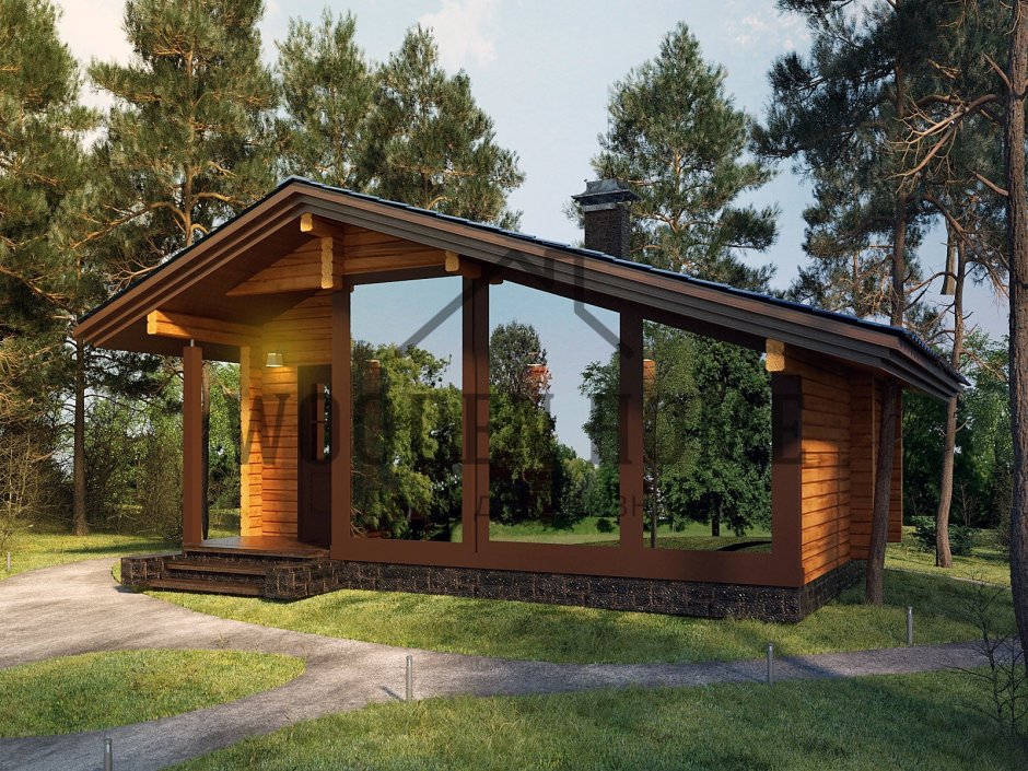 Баня с односкатной крышей и панорамными окнами