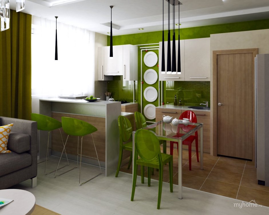 Кухня-гостиная в зеленых тонах